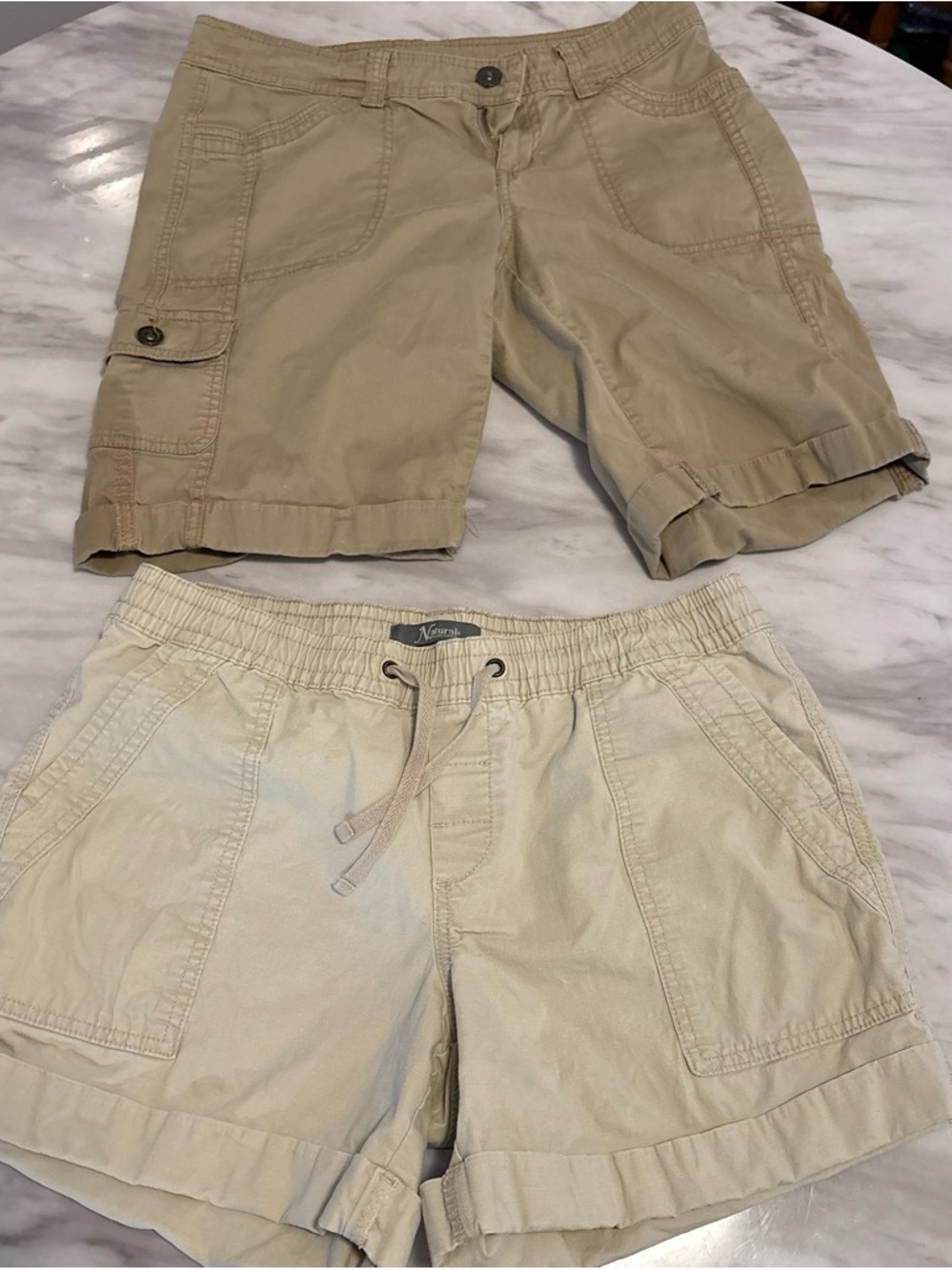Two Khaki Cargo and Drawstring Shorts - Neutral Beige